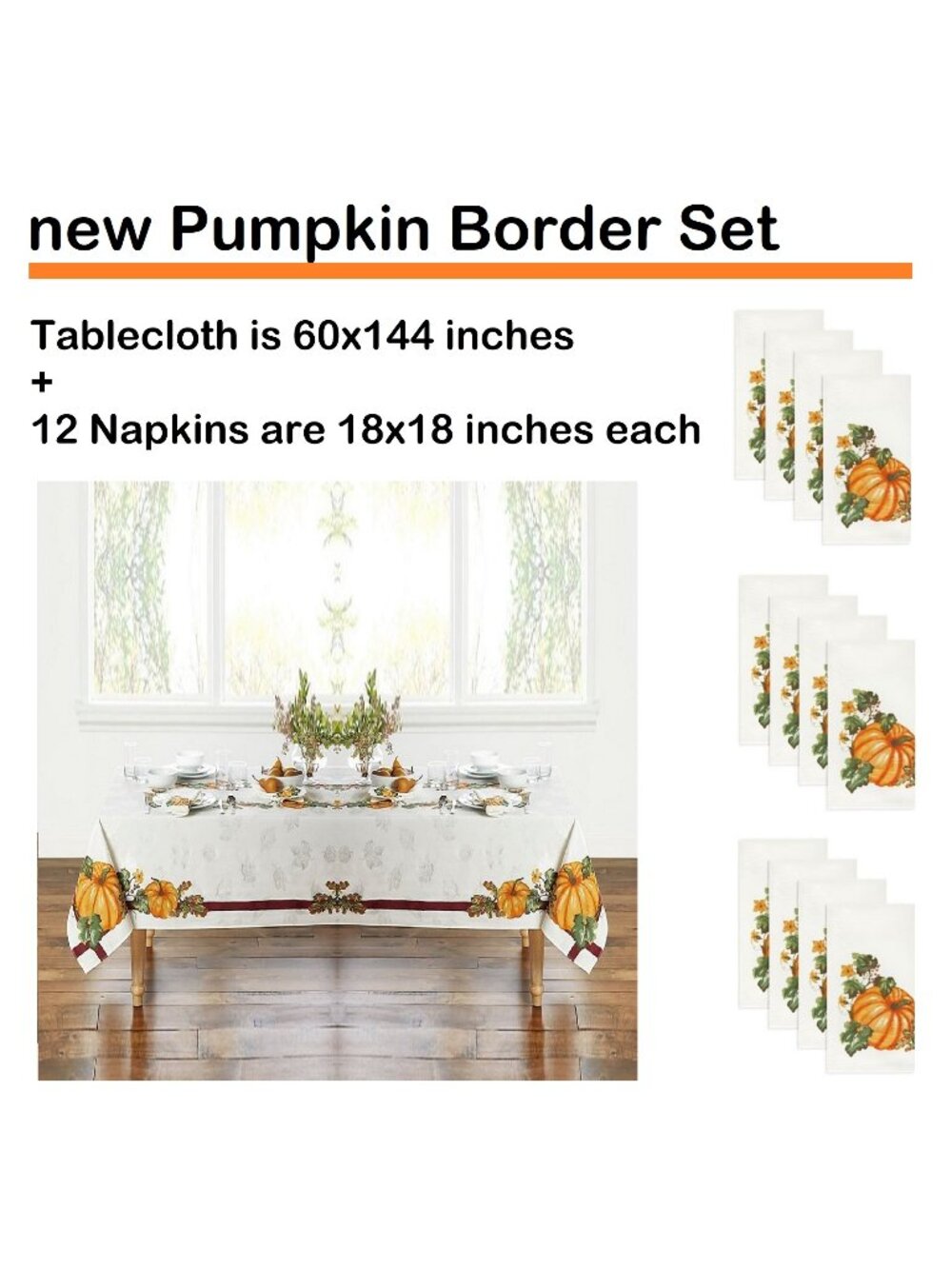 12 Napkins + Autumn Medley / Pumpkin Border 60"x144" Thanksgiving Tablecloth